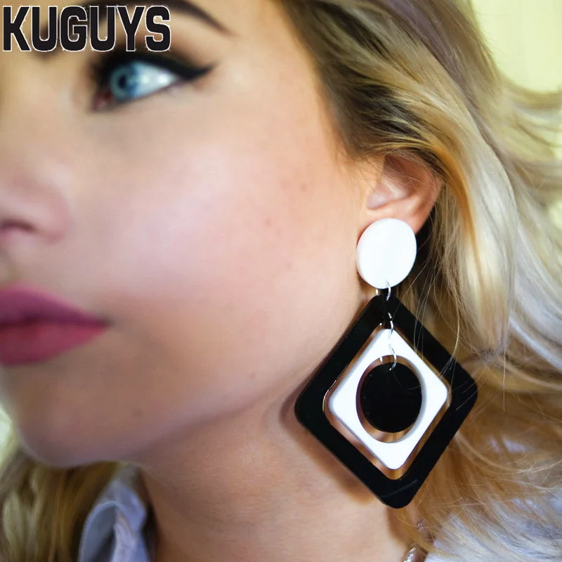 KUGUYS Classic Black White Square Round Drop Earrings for Women Fashion Trendy Acrylic Jewelry Dangle Summer Beach Accessories