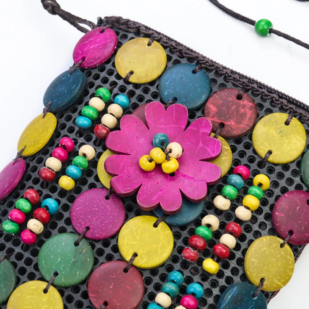 Coconut Shell Bag Female Shoulder Backpack Mobile Phone Change Jewelry Bag Bohemian Beaded Bag Decoration Crafts Storage Bag