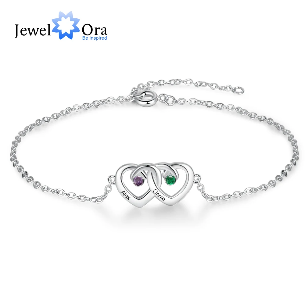 JewelOra Personalized Double Heart Bracelet Customized Birthstone Engraving Name Couple Bracelets for Women Romantic Gift