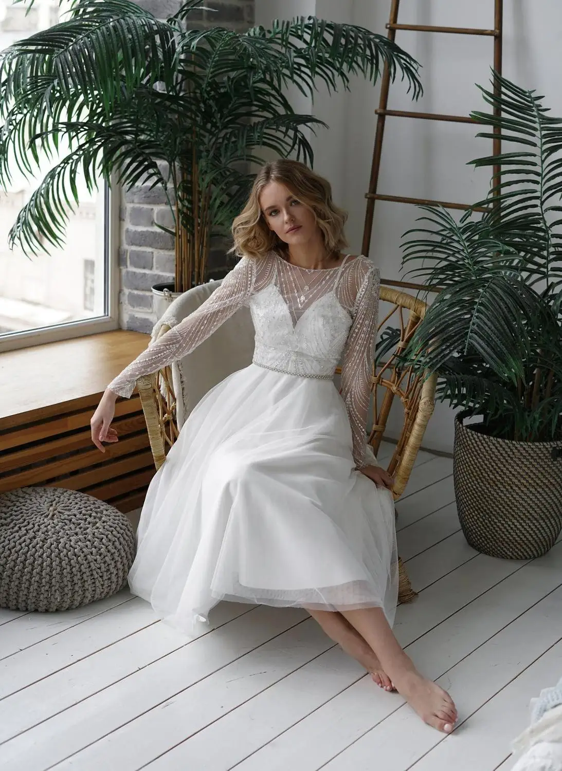 Booma Tea-Length Wedding Dresses Short Bride Gowns Plus Size O-neck Long Sleeve Lace Beach Boho Princess Party Dress 2020