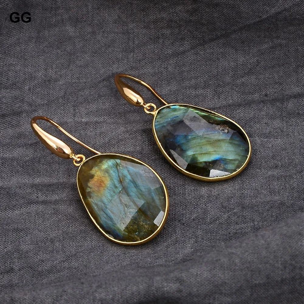 GuaiGuai Jewelry Natural Faceted Labradorites Spectrolite Druzy 18K Gold Color Plated Dangle Hook Earrings For Women