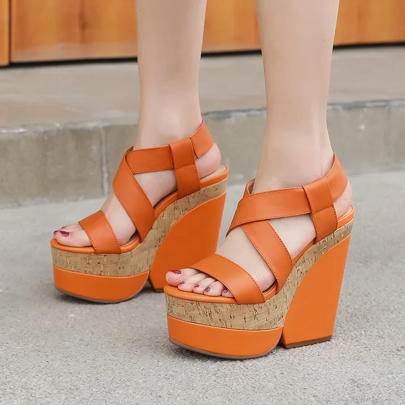 

Summer Beach Fashion Platform Woman wooden wedge heels Sandal Crossed Strap High Heel Party Shoes Gladiator Sandal