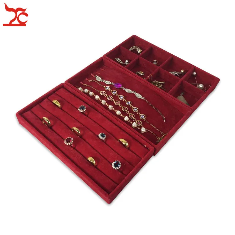 3Pcs/Lot Wholesale Portable Velvet Jewelry Ring Earring Insert Display Cufflink Organizer Stackable Tray Holder Storage Showcase