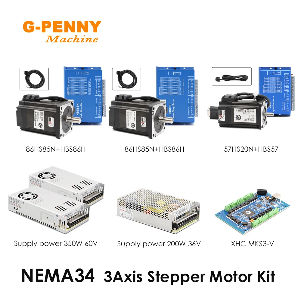 

Nema34/23 3Axis CNC controller kit 2&86*85 1&57*20 closed loop motor+MKS/XHC/ET/DDCSV3.1 Controller+Supply Power 350W60V+200W36V