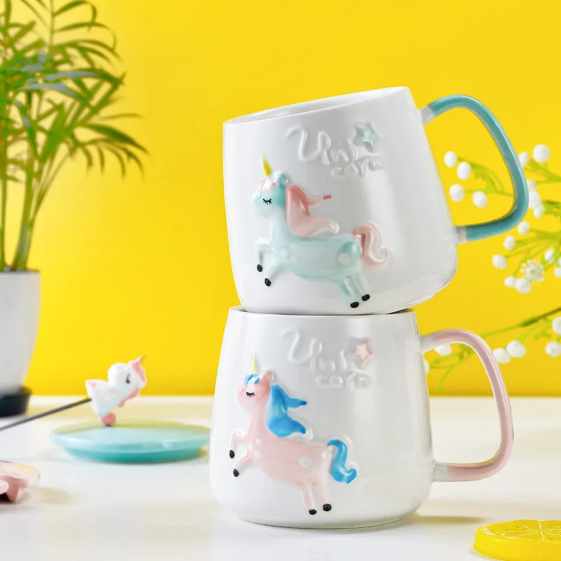 400ML Cute Unicorn Cartoon Relief Office Coffee Breakfast Mug Large Capacity Mug Tumbler Cups Coffee Mug