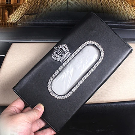 Car Visor Tissue Holder Rhinestone PU Leather Tissue Box Cover Paper storage bag With hook Auto interior Accessories