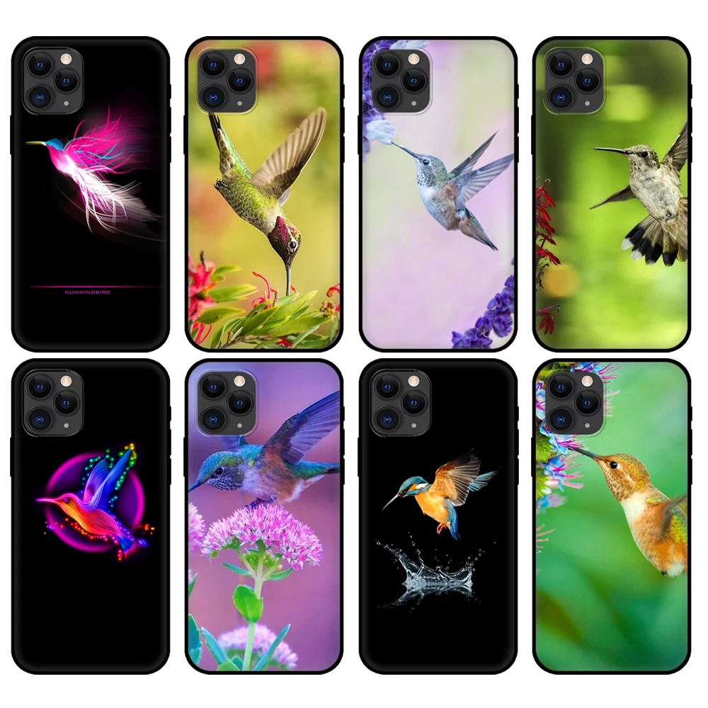 Black tpu case for iphone 5 5s se 2020 6 6s 7 8 plus x 10 XR XS 11 12 mini pro MAX back cover pretty Hummingbird