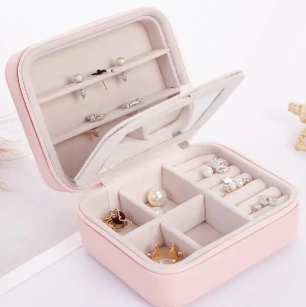 In Stock Leather Travel Portable Mini stud earrings ring Jewelry Box Case with Mirror Jewelry Display Box Useful MakeupOrganizer