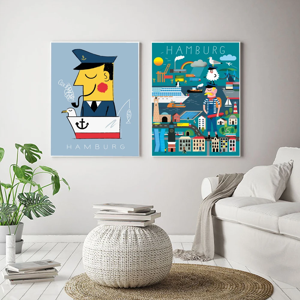 Germany Hamburg Landmarks Canvas Painting Sea Boat Captain Harbor Poster And Prints Kid Wall Pictures For Living Room Home Decor
