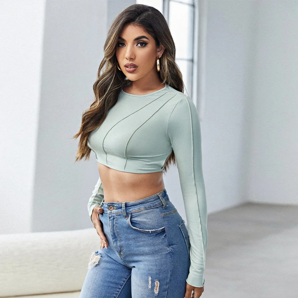 

Women's Autumn Long Sleeve Top Solid Round Neck Exposed Navel Sexy Chic Tops Backless Cross Bandage T-shirt Skinny Clubwear