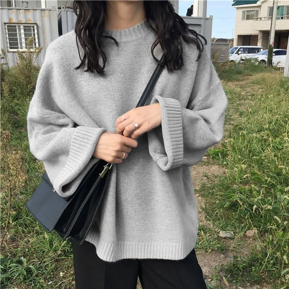 Sweaters Women Temperament Chic Ulzzang Solid Flare Sleeve Trendy Ladies Sweater Winter Fall Soft Preppy Basic Woman Knitwear