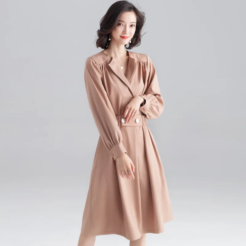 New Autumn Temperament Slim Dress with Belt Knee Length Full Sleeve V Neck Fall Fashion Clothes for Women 2021