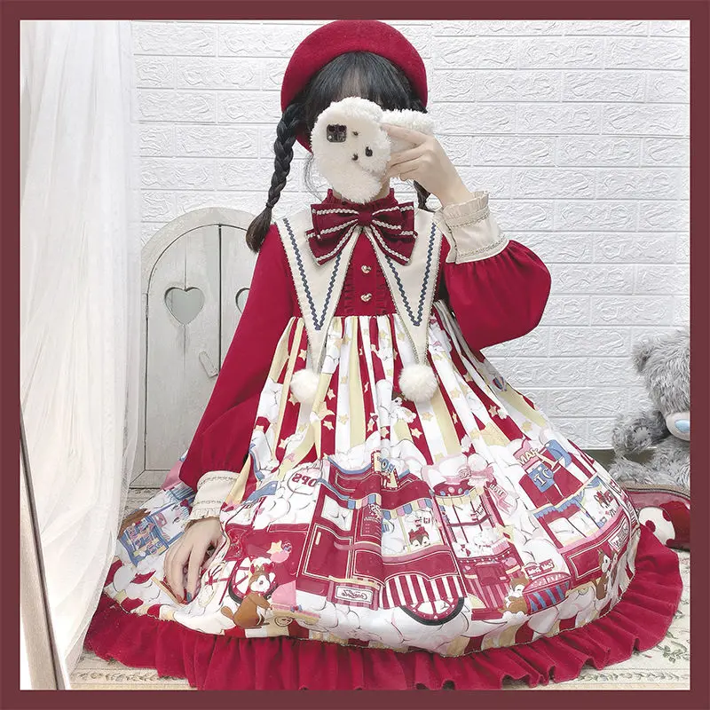 Vestido vermelho lolita com babados para meninas, princesa Op, manga comprida, estilo japonês, roupa kawaii, roupa vintage, ano novo, doce