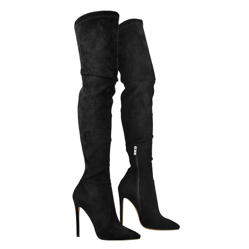 

Richealnana Women Black Stretch Over the Knee Boots Pointed Toe Thin Heeled Stiletto Side Zipper Fashion Big Size Long Boots