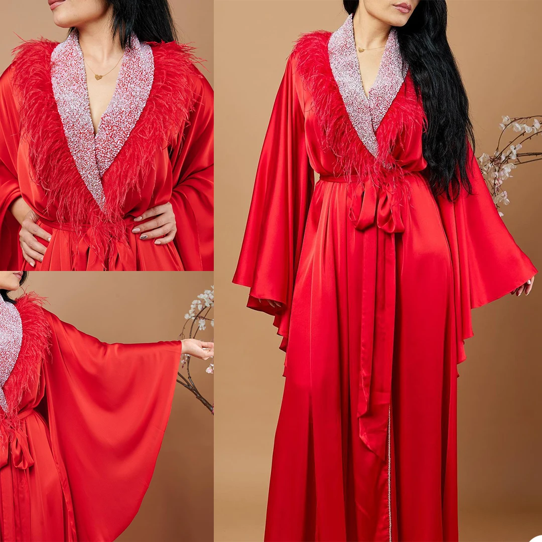 Long Sleeve Women Winter Sexy Kimono Pregnant Party Sleepwear Luxury Feather Beading Bathrobe Sheer Nightgown Robe Shawel