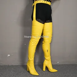 Women Yellow Color Leather Chunky Heel Waist Pants Long Boots Fashion Pointed Toe Belt Over the Knee Thigh High Boots Lady