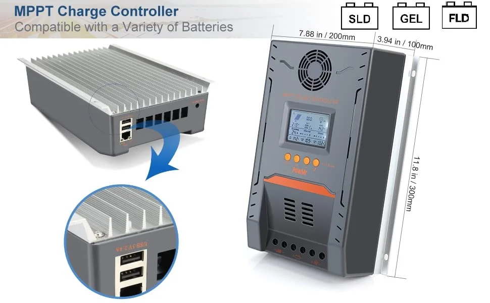 Imagem -03 - Powmr-mppt 100a Controlador de Carga Solar Entrada Máxima 96v Display Lcd 12v 24v Carga da Bateria com Camadas Sistema Operacional Autônomo