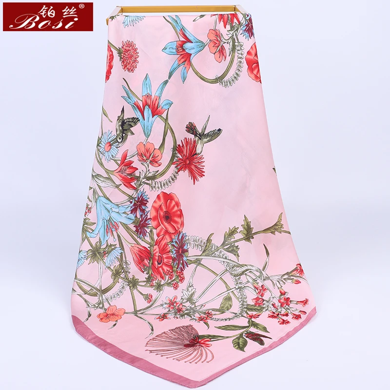 BOSI 2020 Fashion Pink Flower print Silk Scarf for Women Fashion Satin Scarf Luxury Brand Shawl 70*70cm Square Scarves wholesale