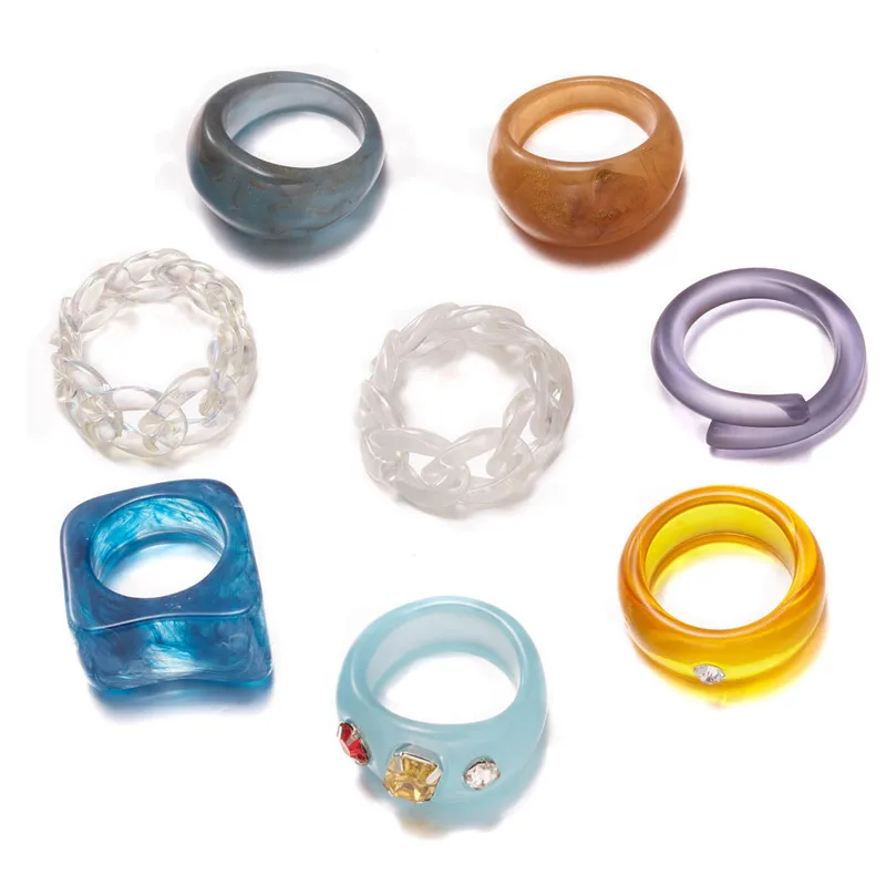 6pcs 8pcs Set Ring Ins Vintage Colorful Transparent Resin Acrylic Crystal Geometric Round Square Rings for Women Party Jewelry