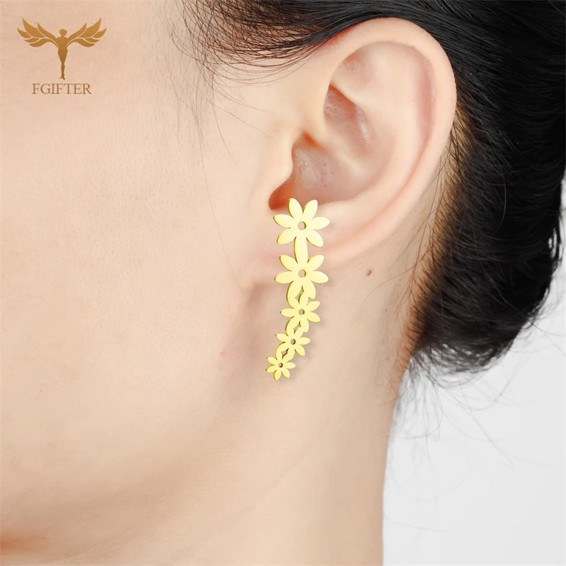 1 PC Fashion Long Stud Earrings For Women 5 Heart Flower Butterfly Design Gold Color Stainless Steel Jewelry Ear Accessories