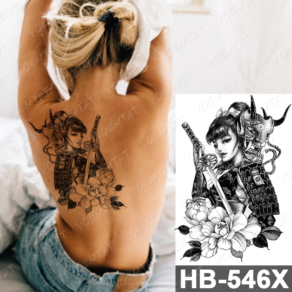 Waterproof Temporary Tattoo Sticker Beauty Samurai Sword Peony Flash Tattoos Japanese Sketch Body Art Arm Fake Tatoo Women Men