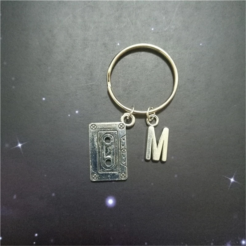 Cassette Tape Keychian DIY Keyring Gift for Music Lovers Men Women Fashion Magnetic Tape Keychain with Initial