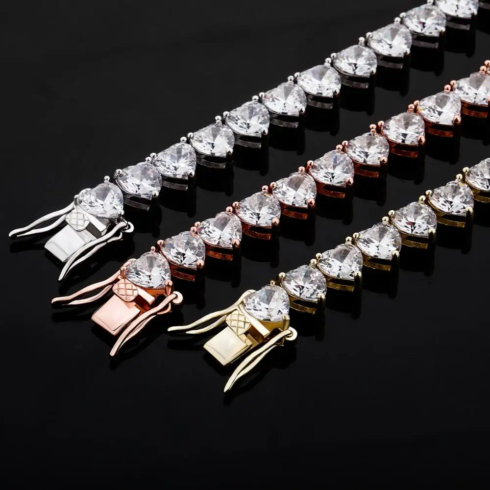 GUCY Heart Tennis Chain Necklace All Iced Out 1 Row 6mm Micro Pave CZ Stones Hip Hop  Necklaces Charm Jewelry For Men Women