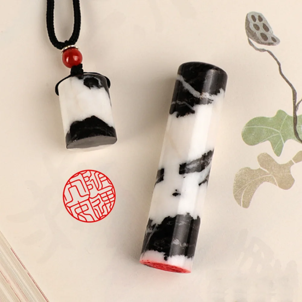 

White Black Mixed Natural Jade Stone Custom Chinese Name Stamps 15mm Round Seals Books Collection Calligraphy Painting Chop Gift