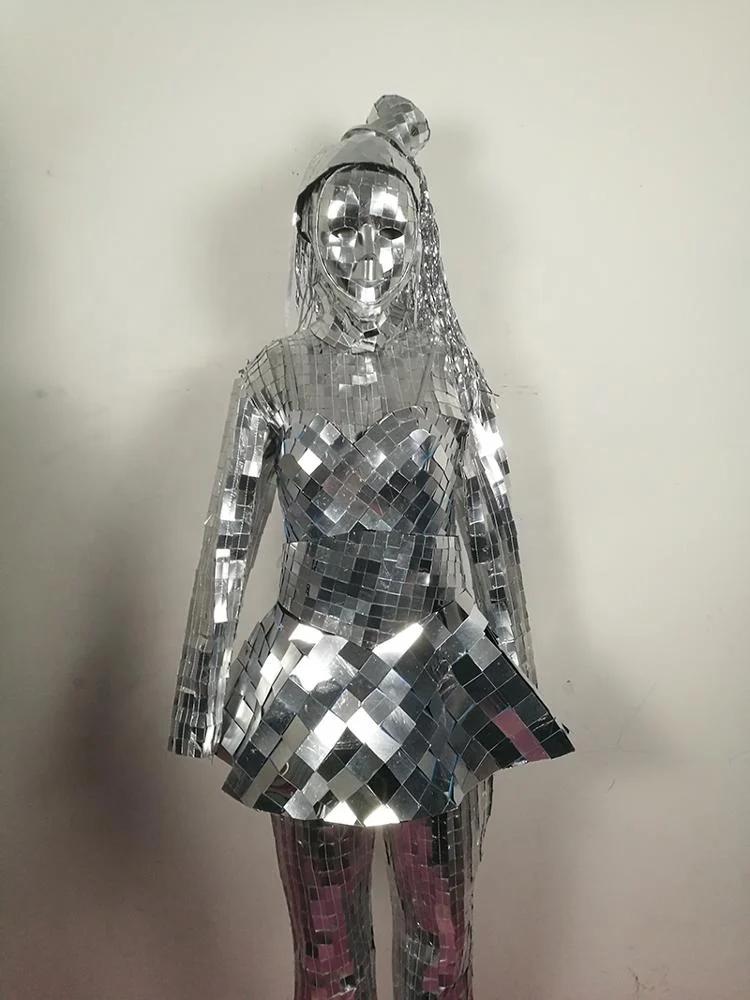 Women singer stage show wear Silver Mirror dress mirror men robot dance costume sparkly dj gogo costumes