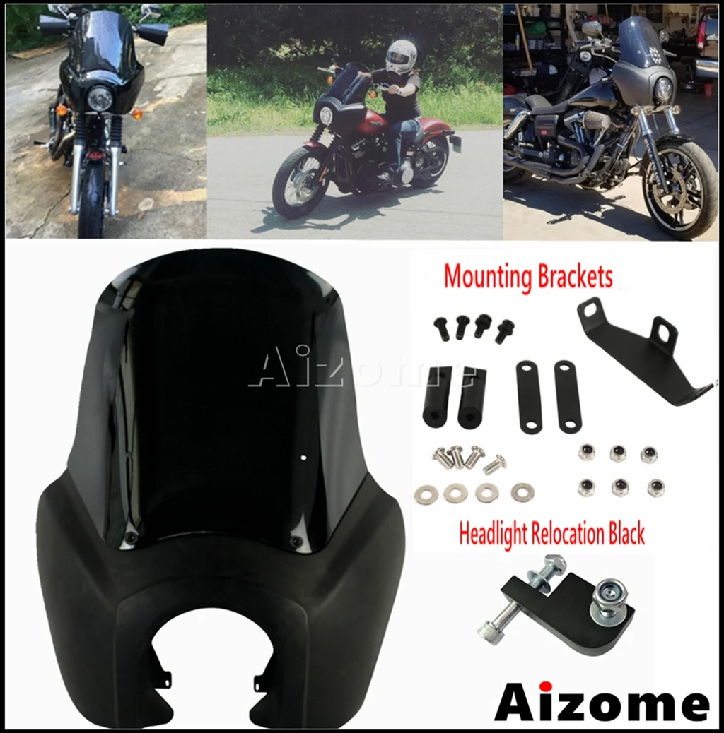 

15"Windshield Motorcycle Front Headlight Fairing W/Mount Headlamp Extension Block Kit For Harley Dyna FXDF FXDB FXDWG EFI FXDI