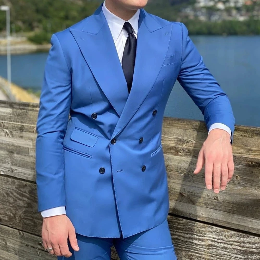 

2Pcs Jacket Pants Men's Suits Set Double Breasted Royal Blue Blazer Trousers Formal Wedding Party Wear 3-pocket Design Male Coat