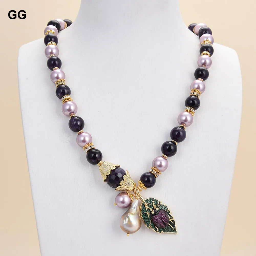 

GuaiGuai Jewelry 22" Sea Shell Pearl Natural Amethyst Keshi Pearl Necklace Cz Pave Bee Pendant