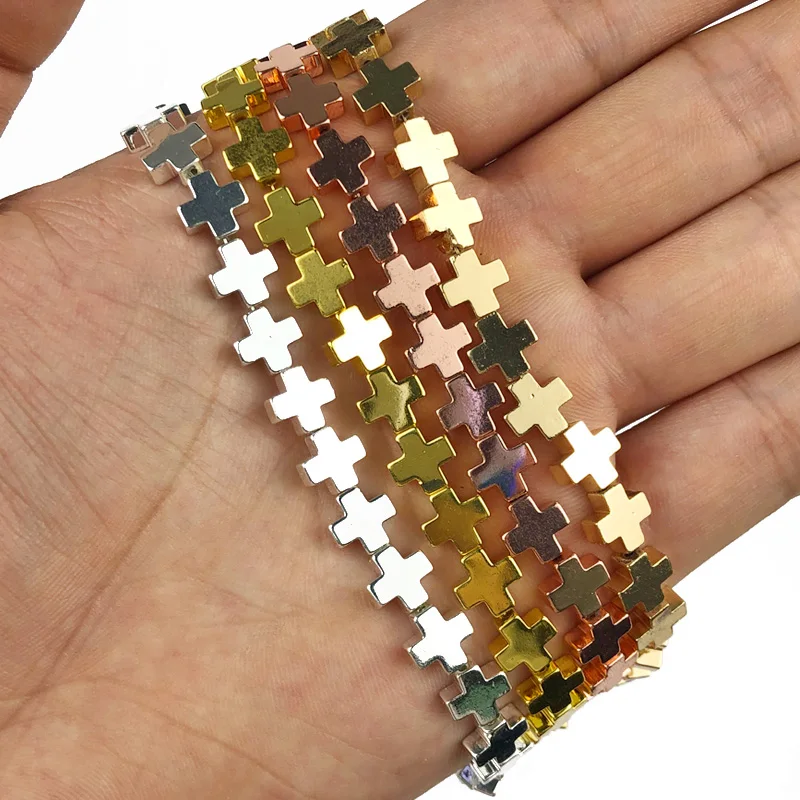 JHNBY Gold Color Jesus Cross Hematite Natural Stone 8mm 46pcs Spacer Loose Beads For Jewelry bracelets Making Diy Accessories