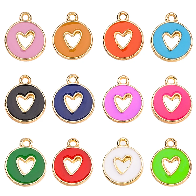 JQ 20Pcs Fashion Hollow Design Multicolor Enamel Round Love Heart Alloy Charm Pendant for Bracelet Jewelry Making Supplies