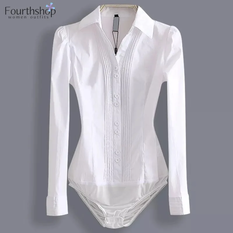 2024 Fashion Bodysuit Long Sleeve Women Body Shirt Office Lady Work Uniforms Spring White Blouses And Tops Slim Autumn Clothes