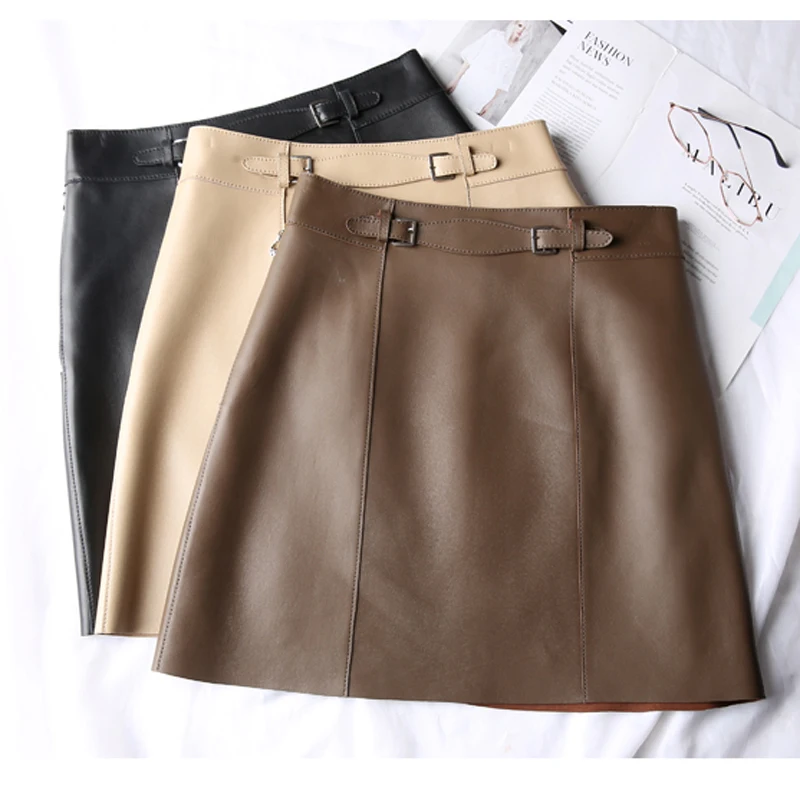 Genuine Leather Sexy Mini Skirt Women 2021 Spring South Korean Fashion High Waist Buttons Retro A-line Skirt