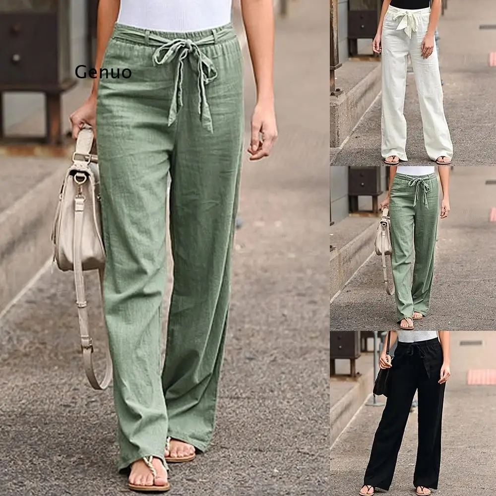 

Women Pants Fashion Linen Cotton Solid Elastic Waist Trousers Female Ankle-length Trousers Summer Casual Pants