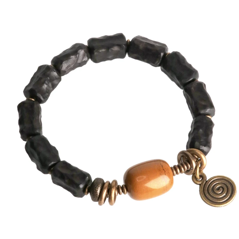 Hand Carved Strip Ebony Vintage Copper Bracelet Concave Convex Texture Black Wood Jewelry Men Women Ward Off Evil Bangle