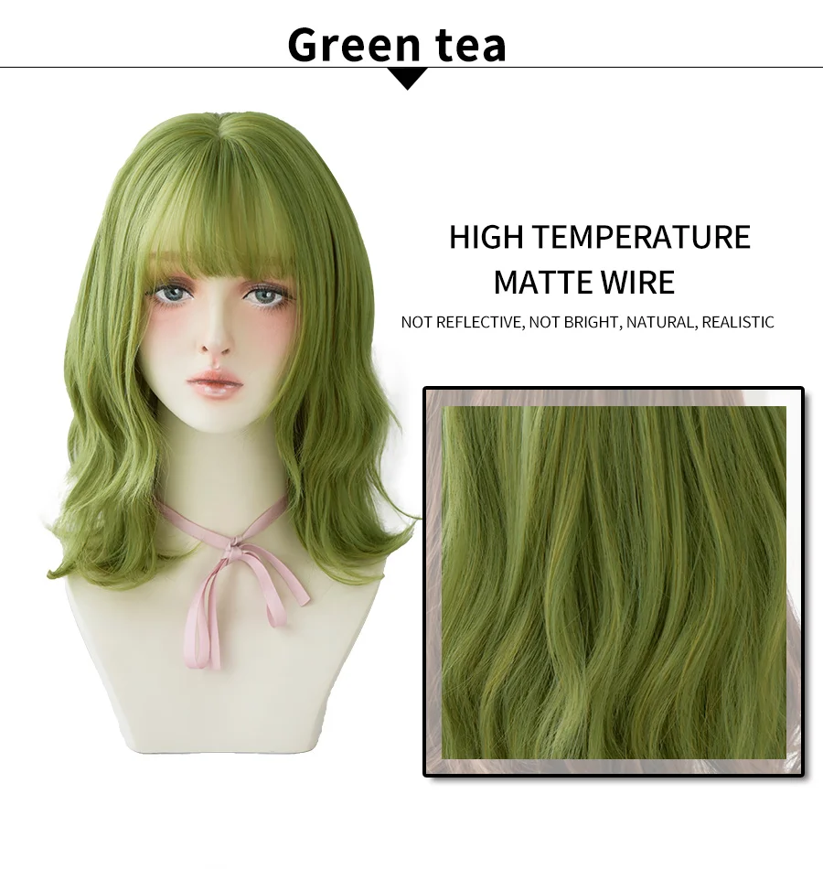 7JHH Peluca de onda profunda verde oliva con flequillo para mujer, peluca sintética resistente al calor, longitud media, fiesta de Cosplay delicada