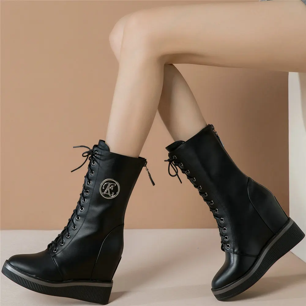 2023 Shoes Women Lace Up Genuine Leather Wedges High Heel Motorcycle Boots Female High Top Round Toe Platform Pumps Casual Shoes