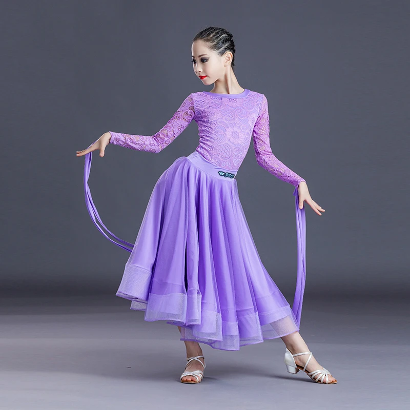 New Arrival Ballroom Dresses Girls Spring Waltz Dancing Competition Costume Lace Long Sleeve Stitching Performance Wear VDB5660