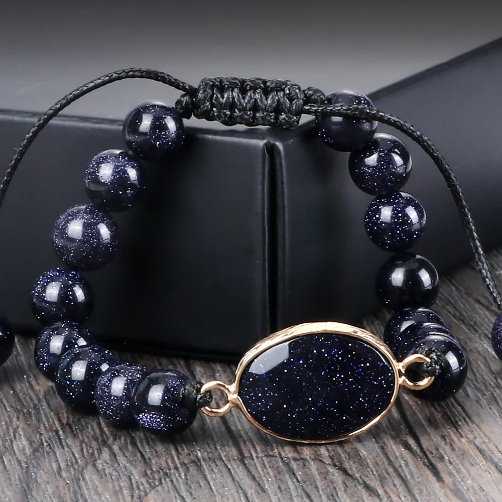 Natural Sandstone Tibetan Buddha Bracelet & Bangle Blue Gold Color Stone Beads Braided Bracelets Women Men Shining Wrist Jewelry