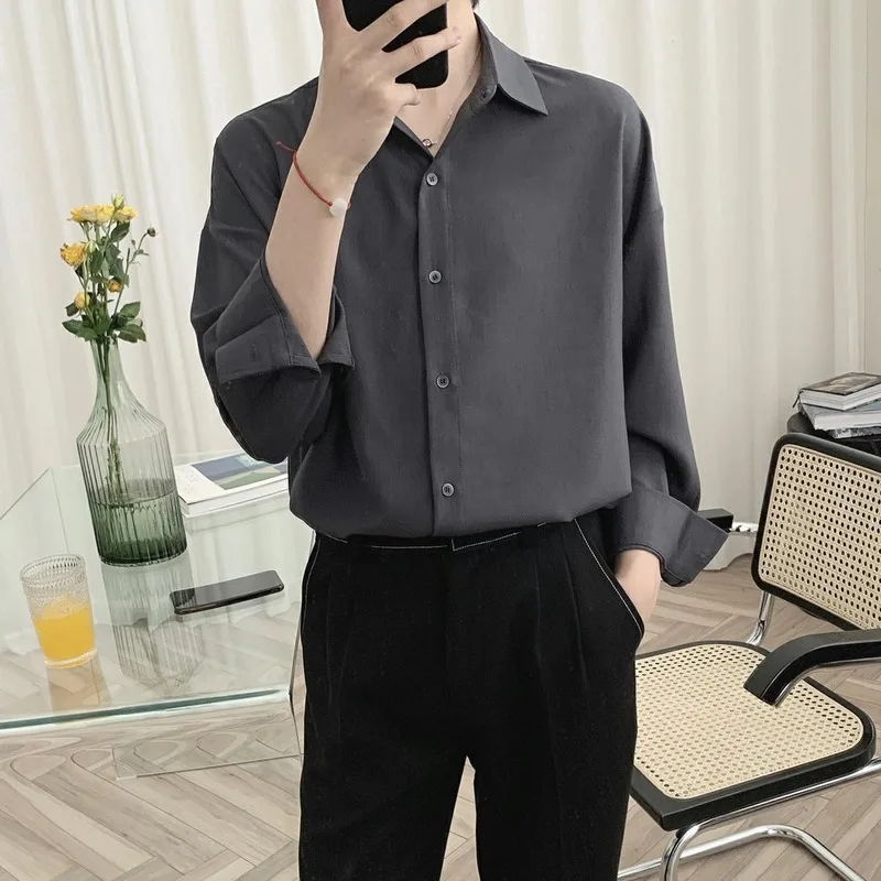 Korean Fashion Four Seasons Ice Silk Men Shirt High Quality Button Long Sleeve Casual Solid Color Loose Men\'s Dress Shirt