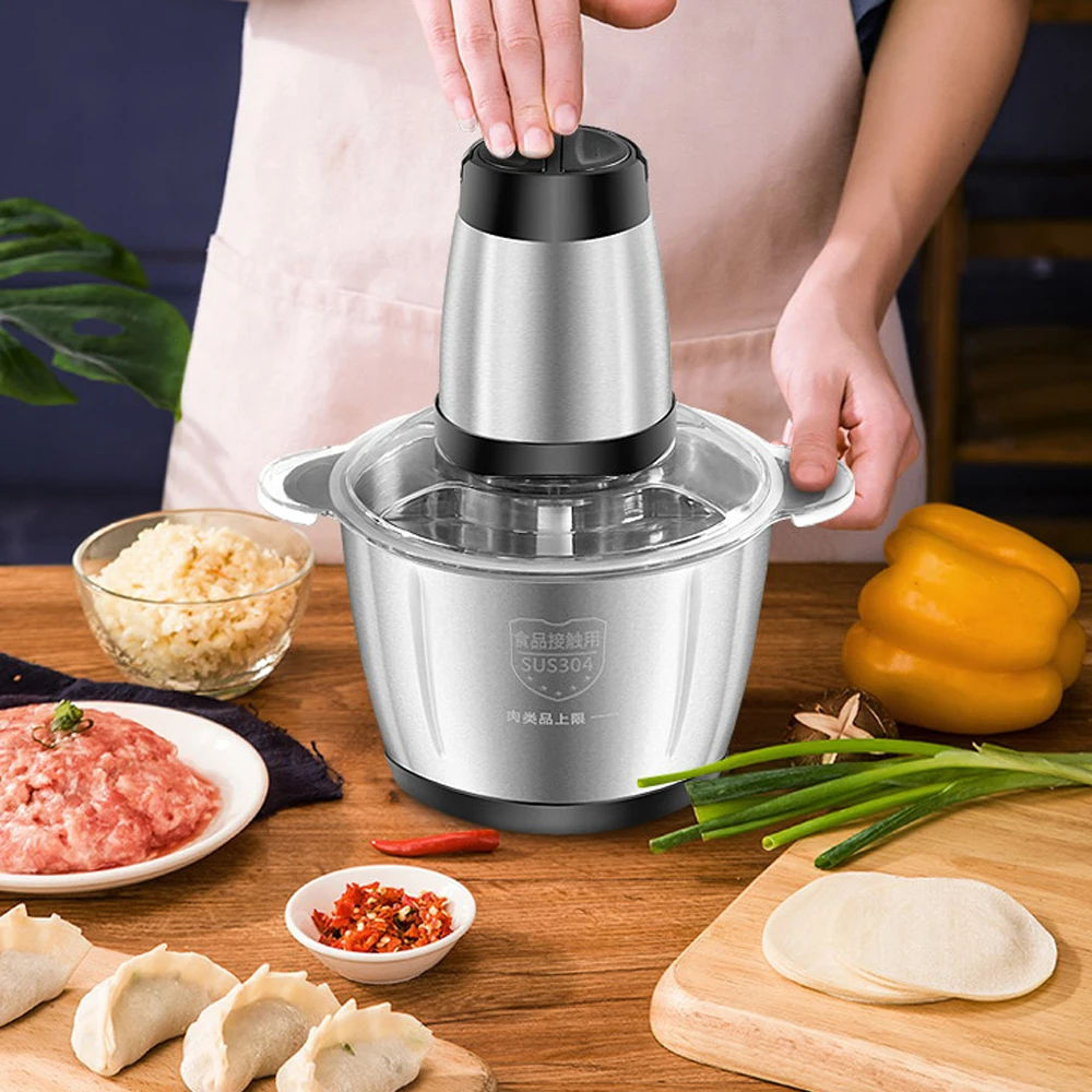 2L Household Kitchen Meat Grinder Stainless Steel Powerful Blade Vegetable Fruit Crusher Mince Garlic Household Food Processor