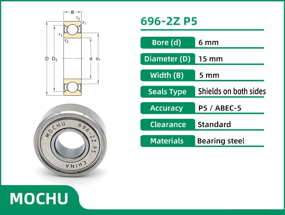 10 Stück Lager 619/6-2Z 696-2Z 6x15x5 696 696ZZ R-1560KK ABEC-5 MOCHU Abgeschirmte Rillenkugellager Einreihig – Detail 1