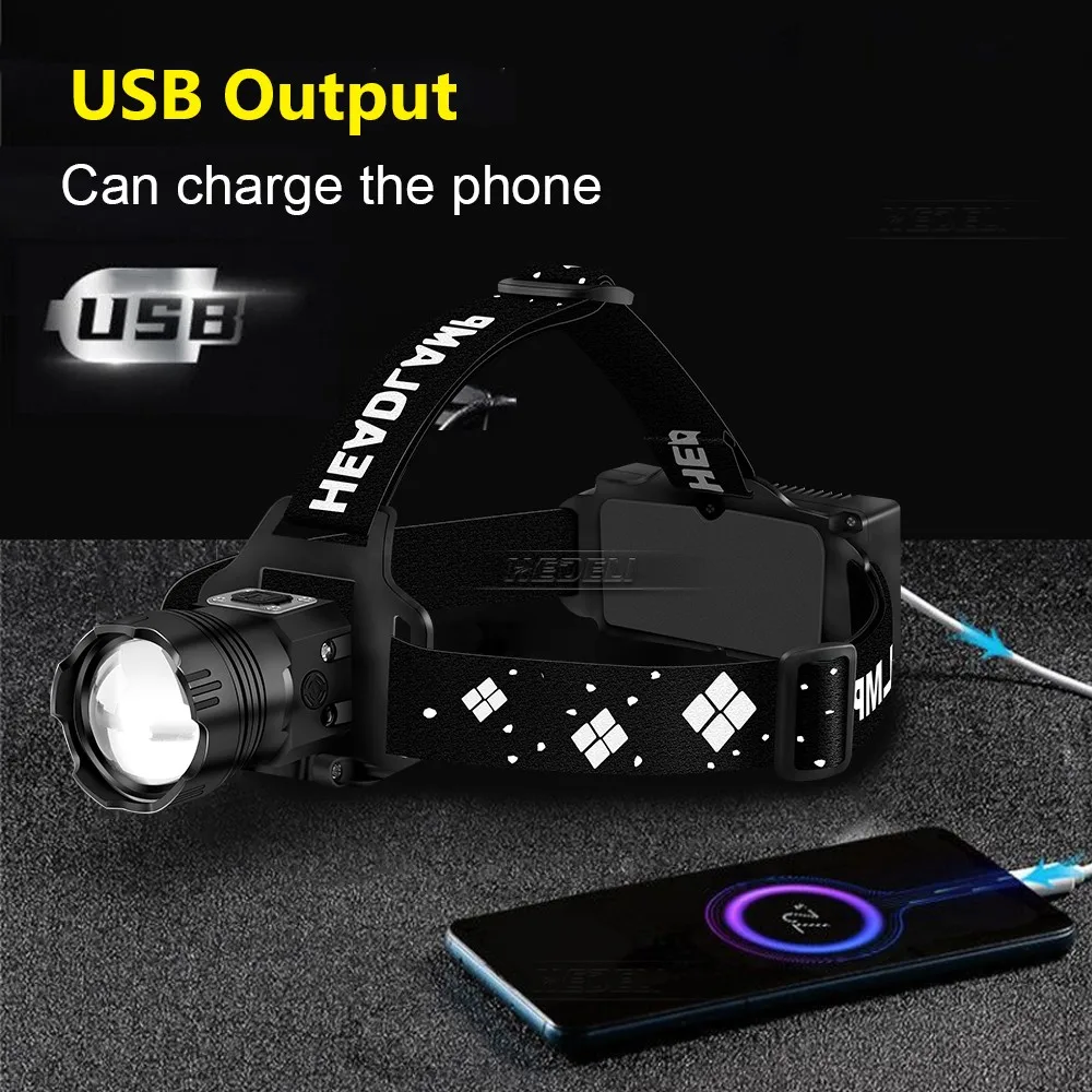 High Power XHP199 Ultra Powerful Headlamp USB Rechargeable Led Headlight Zoom Head Light 18650 Fishing Led Head Flashlight Torch