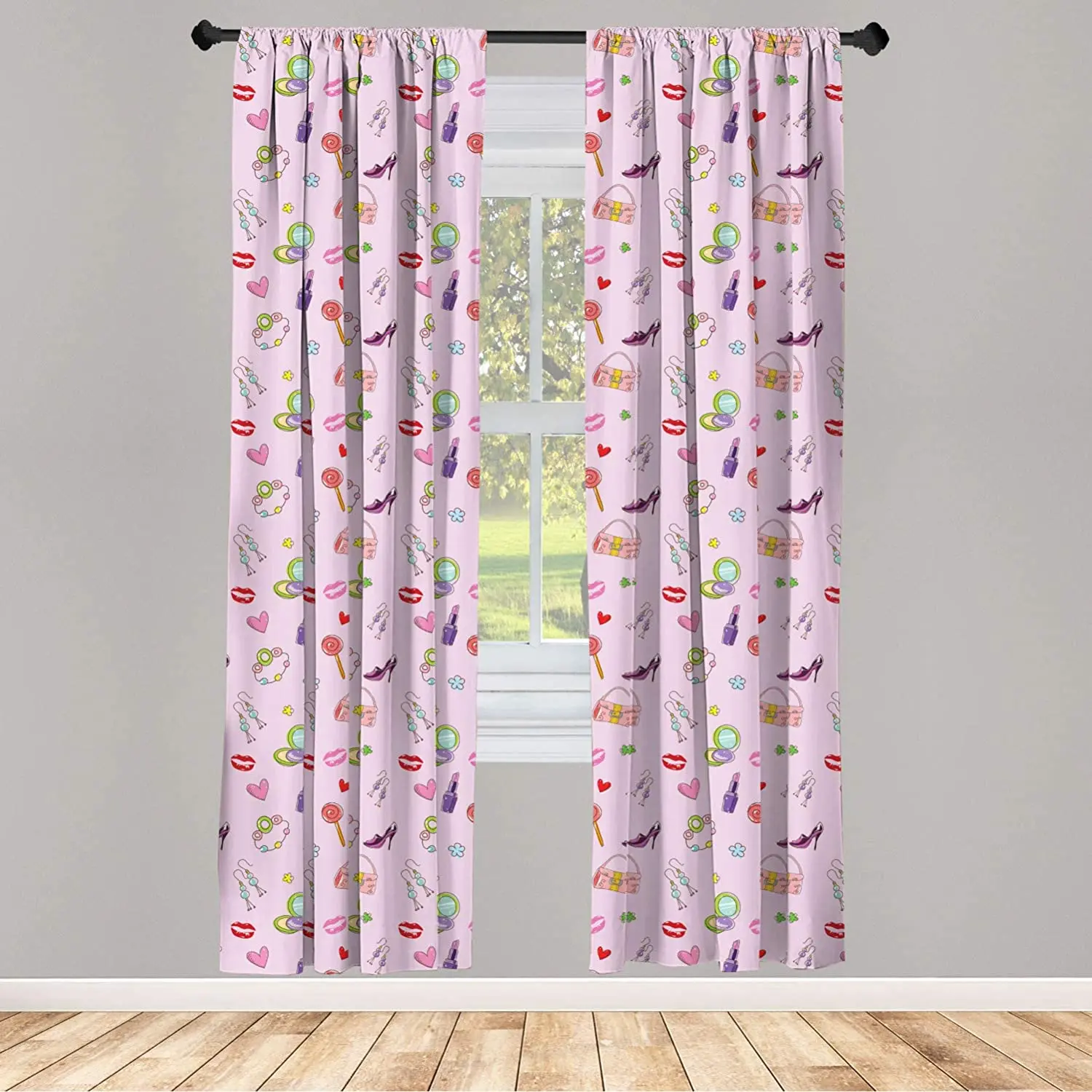 Cartoon Curtains Girls with Fashion Accessories and Makeup Lollipop Flower Print Window Drapes for Living Room Bedroom