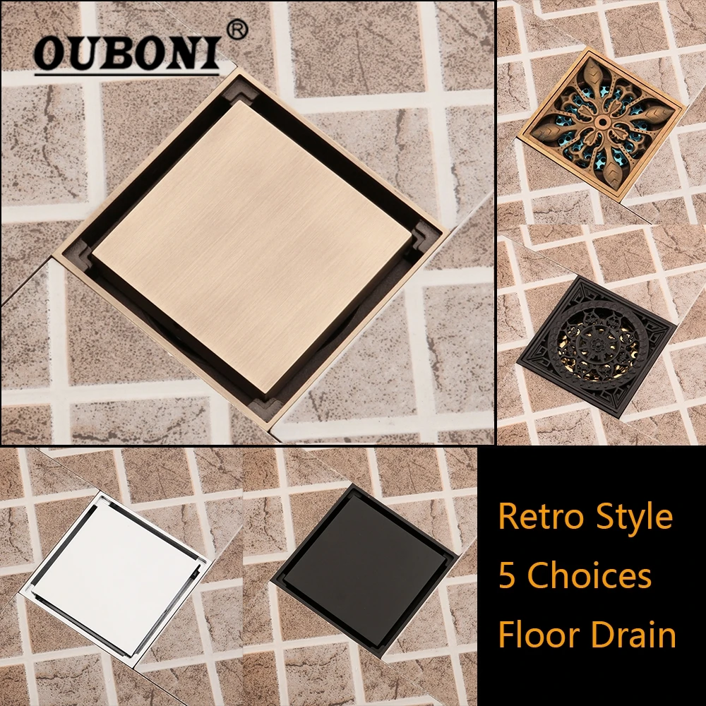 OUBONI Antique Brass Bathroom Floor Drain 10x10 cm Matte Black Chrome Brass Square Invisible Cover Drain Waste Floor Drain