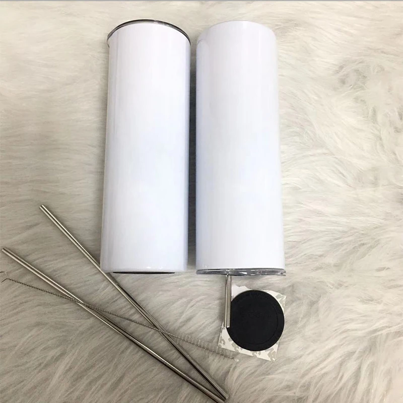 Wholesale 20oz White Blank Straight Skinny Tumbler With Metal Straw Brush Rubber Coaster Doubel Wall Thermos Cup For Party Gift