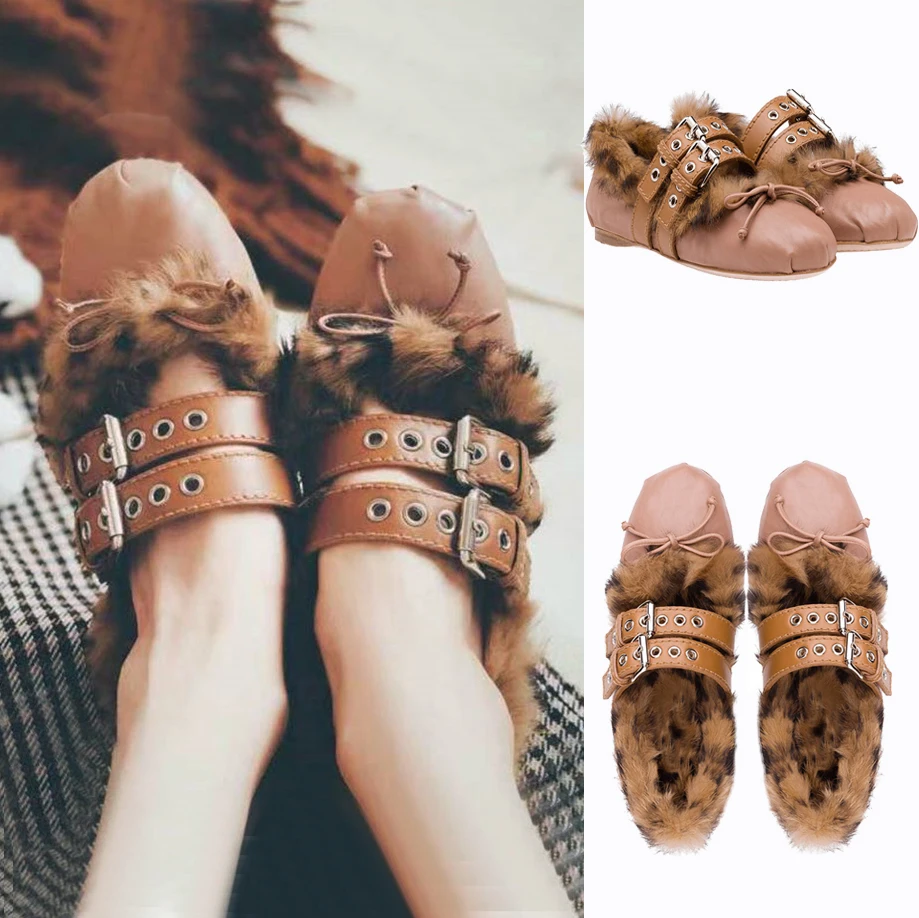 Fashion Ladies Leopard Rabbit Fur Ballet Shoes Woman Belt Buckled Round Toe Comfortable Flats Winter Fur Loafers Shoes